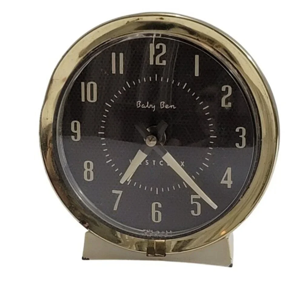 Vintage Westclox Baby Ben Alarm Clock Gold Trim Black Face